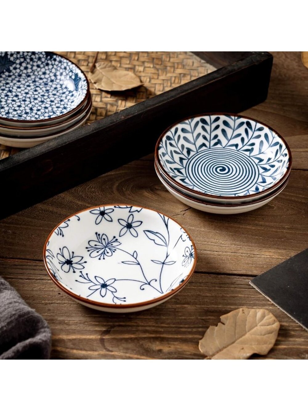 Set of 6 Japanese Ceramic Dipping Bowls - 4'' Blue & White Soy Sauce Dishes - Picture 4 of 8